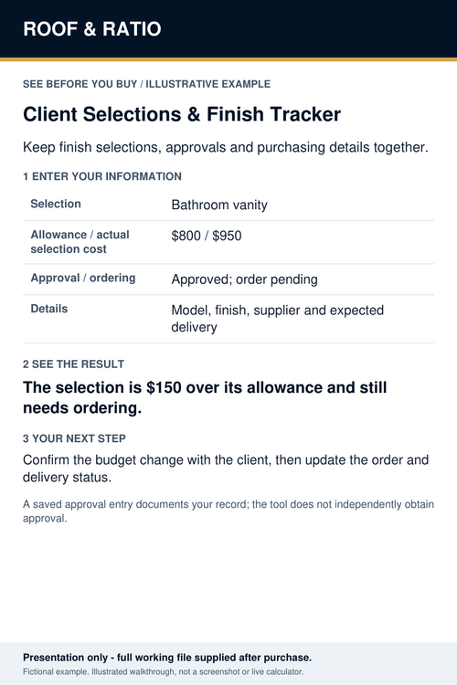 Illustrative example for Roof & Ratio Client Selections & Finish Tracker; fictional inputs and results.