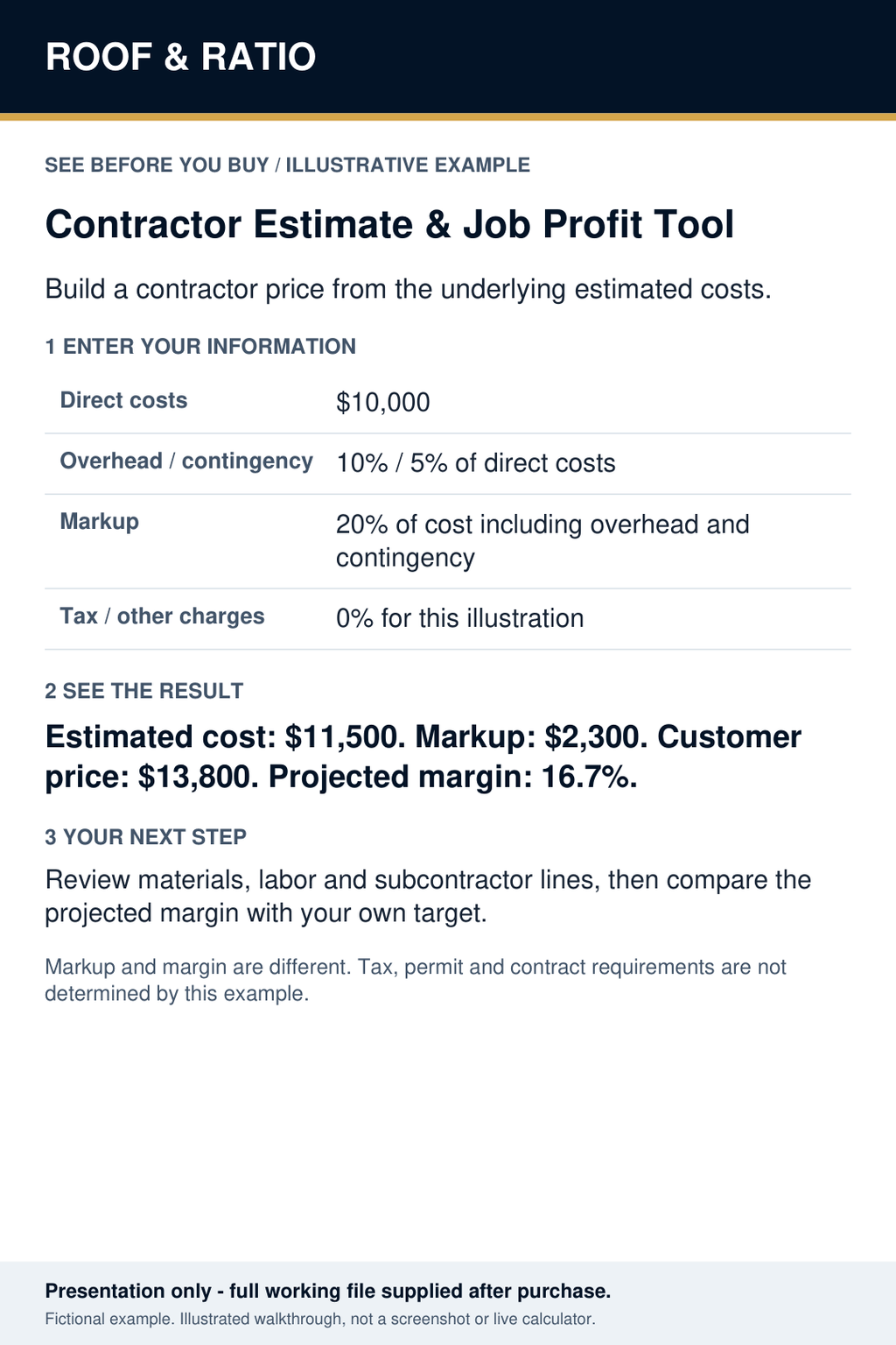 Illustrative example for Roof & Ratio Contractor Estimate & Job Profit Tool; fictional inputs and results.