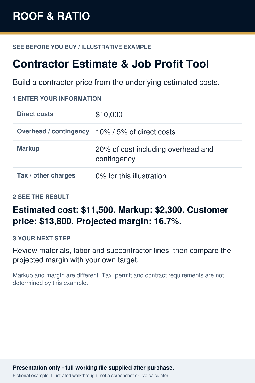 Illustrative example for Roof & Ratio Contractor Estimate & Job Profit Tool; fictional inputs and results.