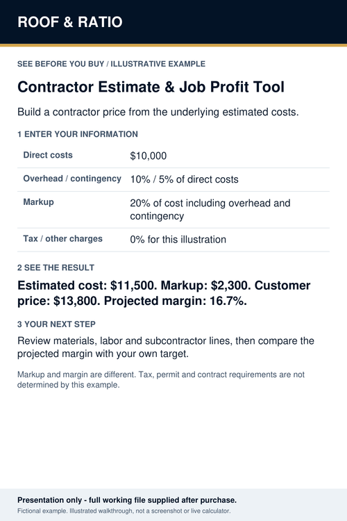Illustrative example for Roof & Ratio Contractor Estimate & Job Profit Tool; fictional inputs and results.