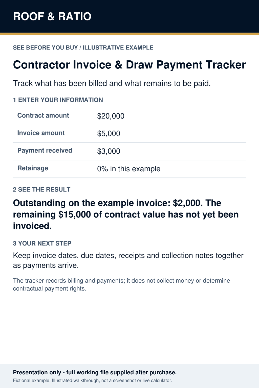 Illustrative example for Roof & Ratio Contractor Invoice & Draw Payment Tracker; fictional inputs and results.
