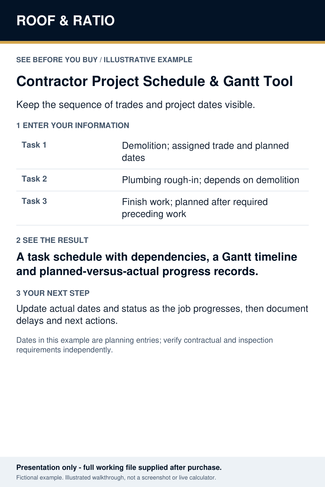 Illustrative example for Roof & Ratio Contractor Project Schedule & Gantt Tool; fictional inputs and results.