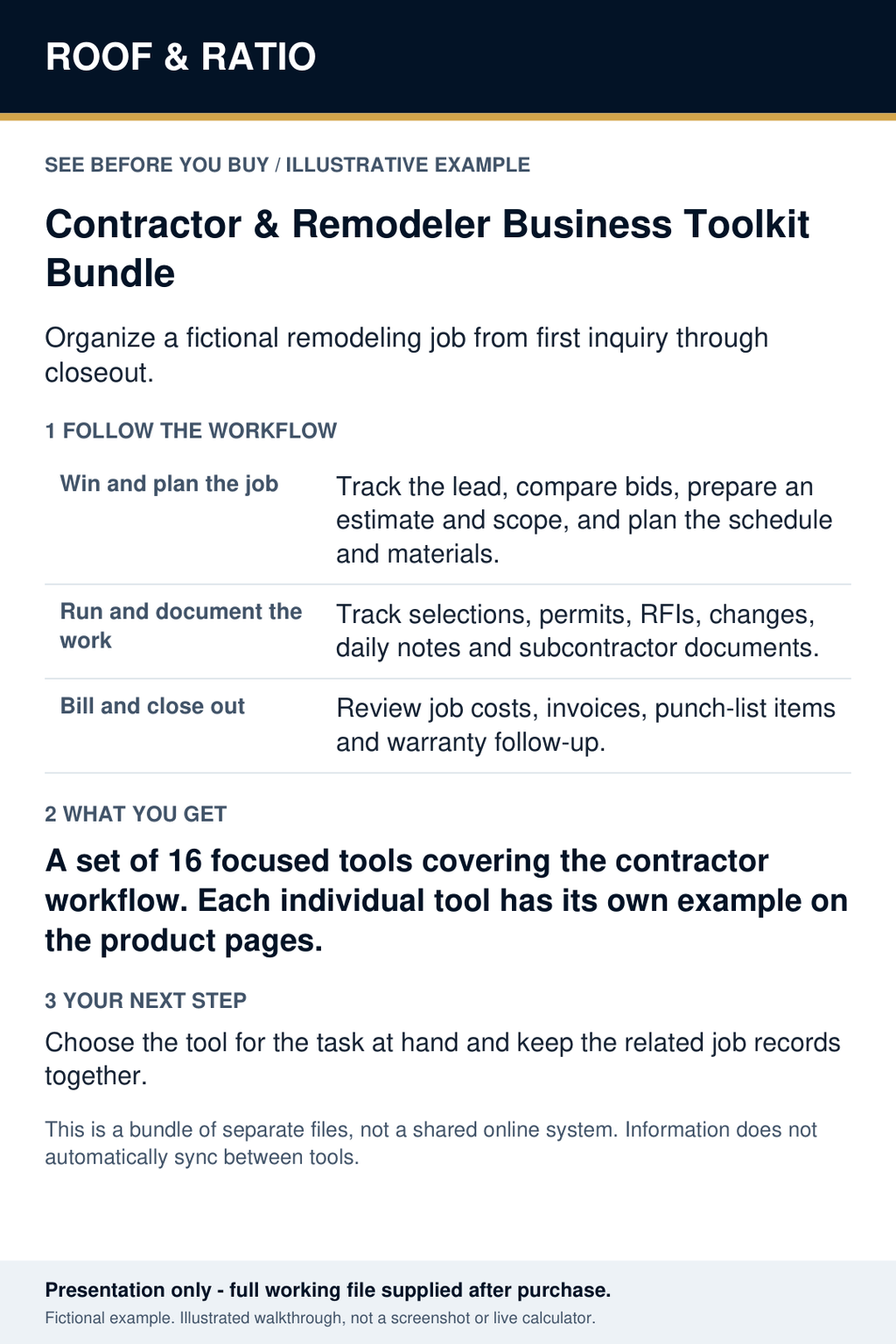 Illustrative example for Roof & Ratio Contractor & Remodeler Business Toolkit Bundle; fictional inputs and results.