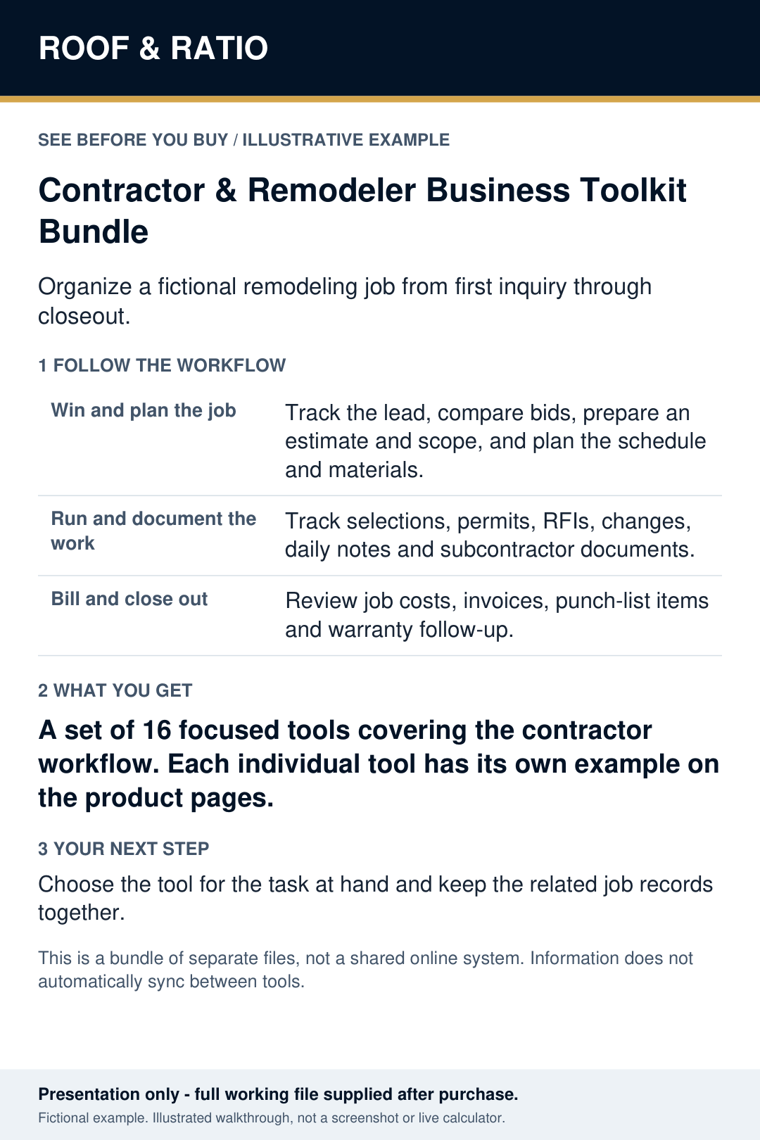 Illustrative example for Roof & Ratio Contractor & Remodeler Business Toolkit Bundle; fictional inputs and results.