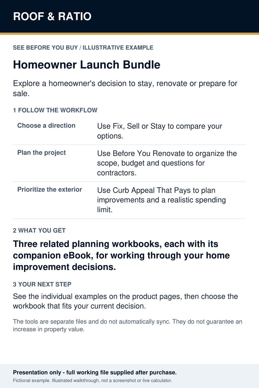 Illustrative example for Roof & Ratio Homeowner Launch Bundle; fictional inputs and results.