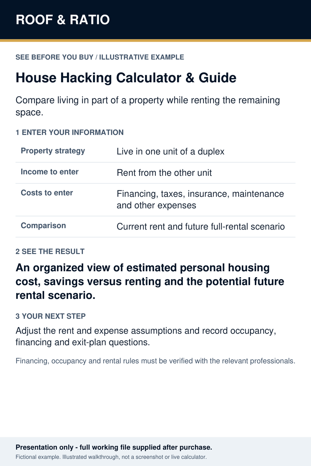 Illustrative example for Roof & Ratio House Hacking Calculator & Guide; fictional inputs and results.