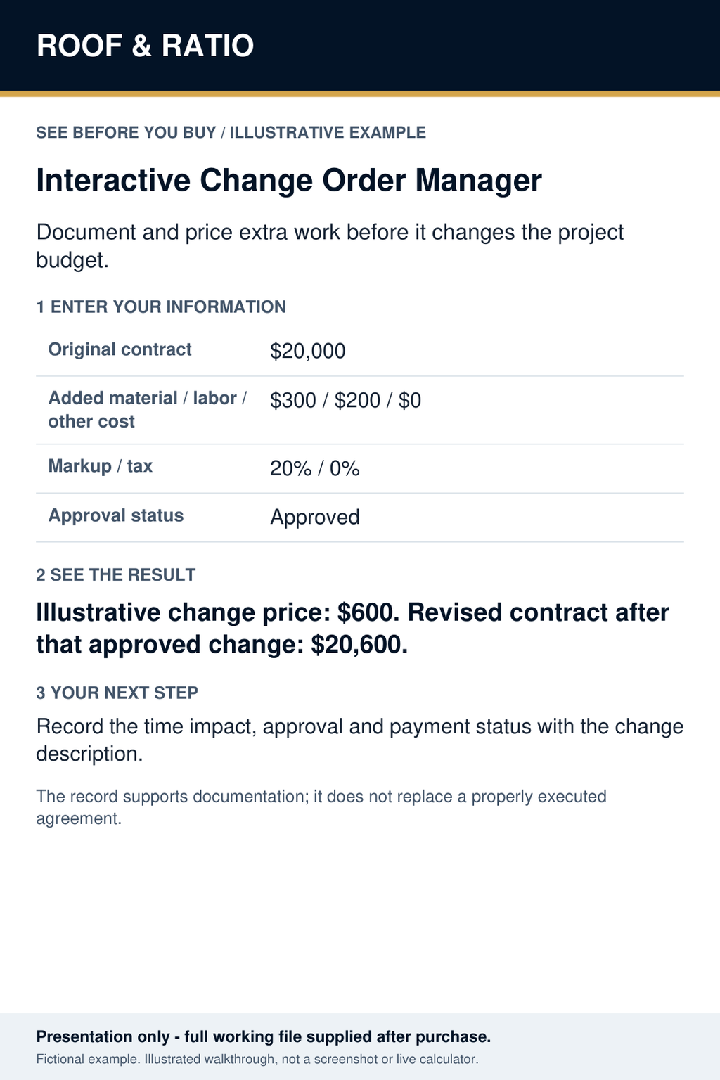 Illustrative example for Roof & Ratio Interactive Change Order Manager; fictional inputs and results.