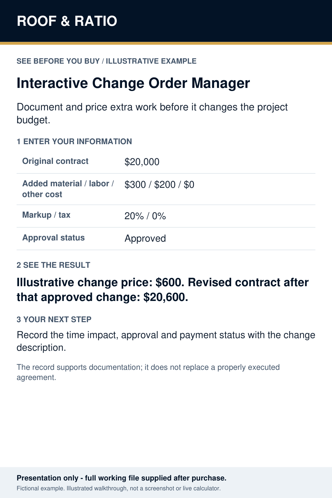 Illustrative example for Roof & Ratio Interactive Change Order Manager; fictional inputs and results.
