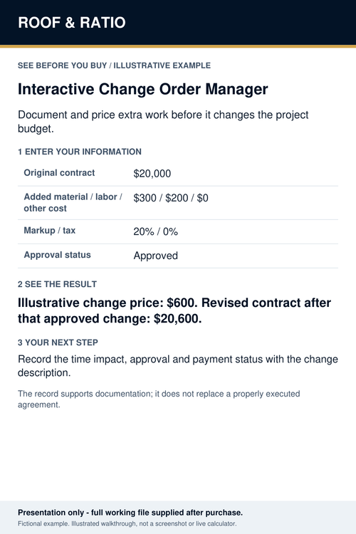 Illustrative example for Roof & Ratio Interactive Change Order Manager; fictional inputs and results.