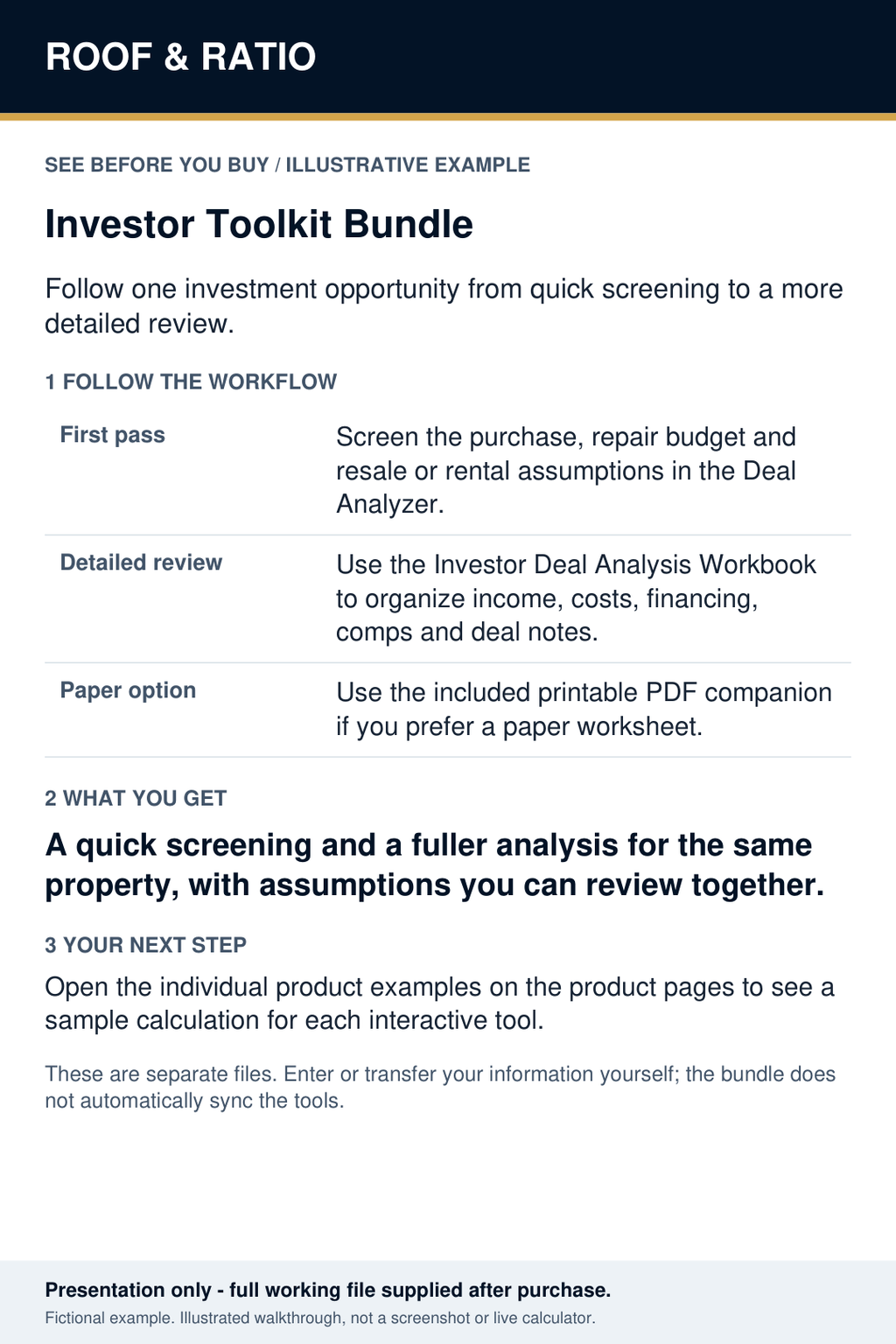 Illustrative example for Roof & Ratio Investor Toolkit Bundle; fictional inputs and results.