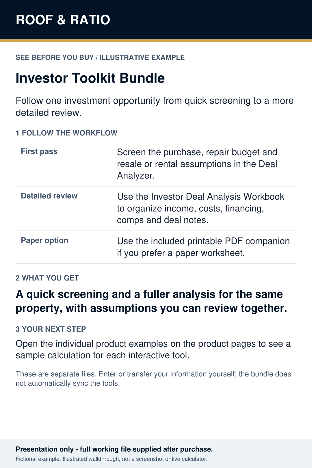 Illustrative example for Roof & Ratio Investor Toolkit Bundle; fictional inputs and results.