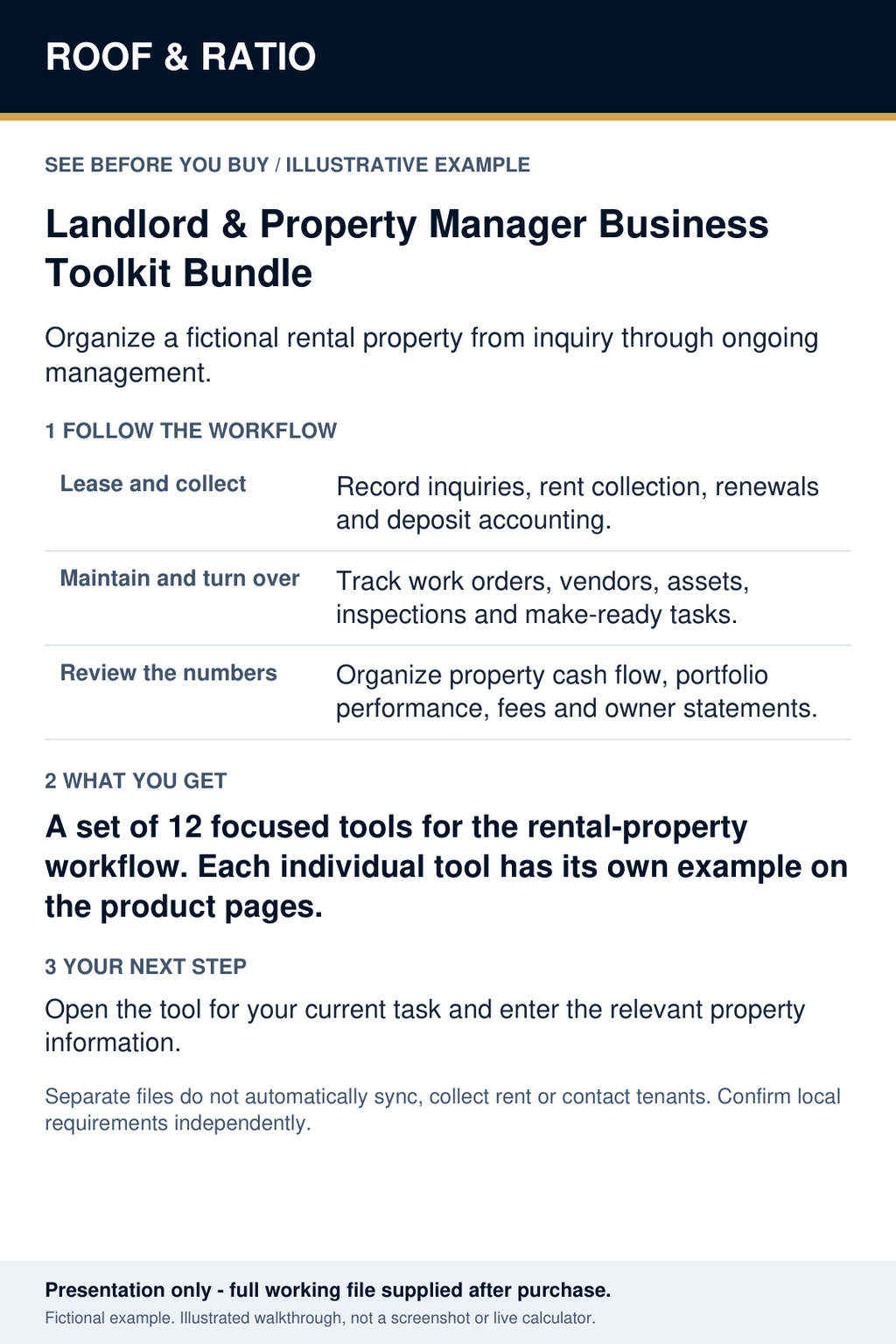 Illustrative example for Roof & Ratio Landlord & Property Manager Business Toolkit Bundle; fictional inputs and results.