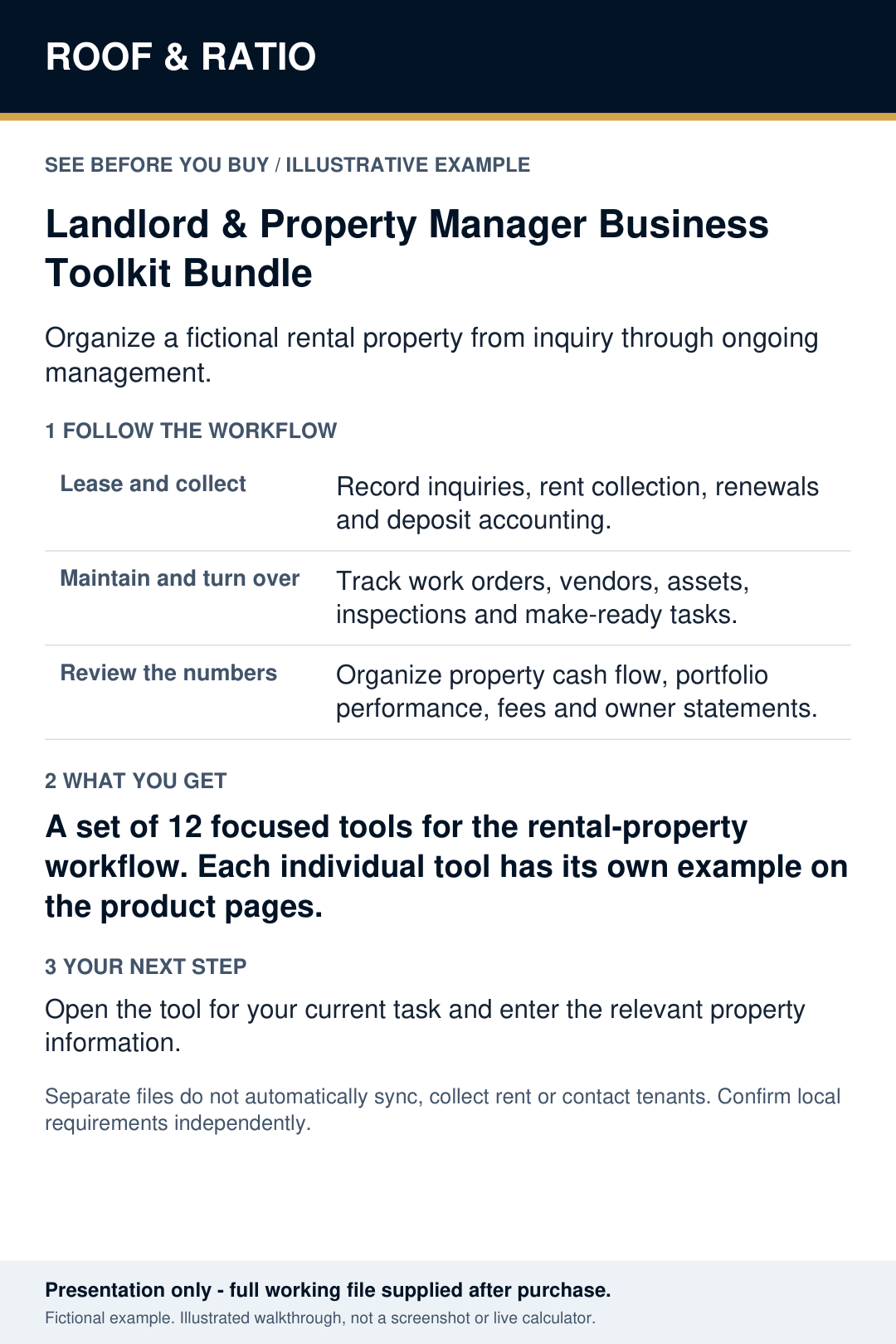 Illustrative example for Roof & Ratio Landlord & Property Manager Business Toolkit Bundle; fictional inputs and results.