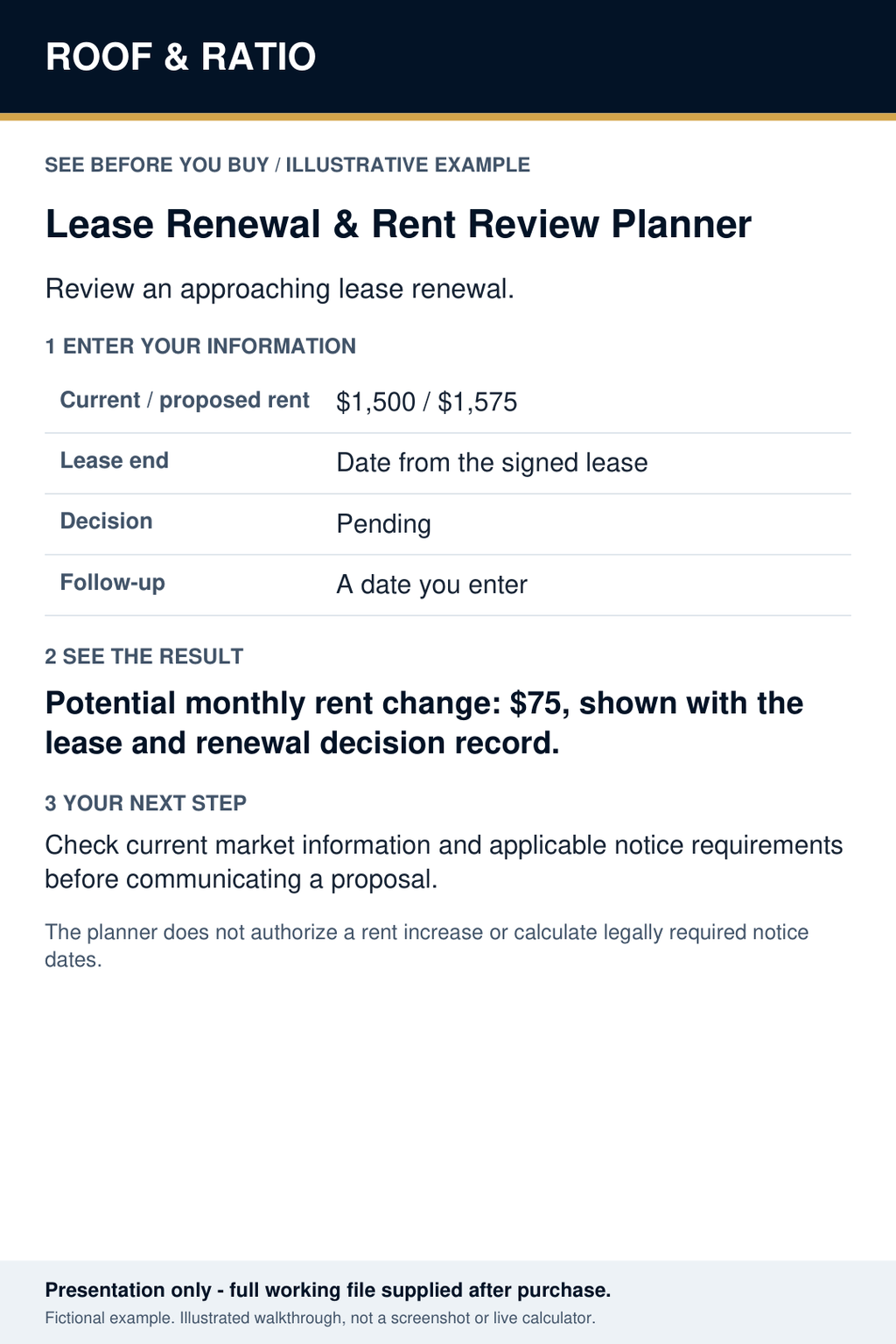 Illustrative example for Roof & Ratio Lease Renewal & Rent Review Planner; fictional inputs and results.