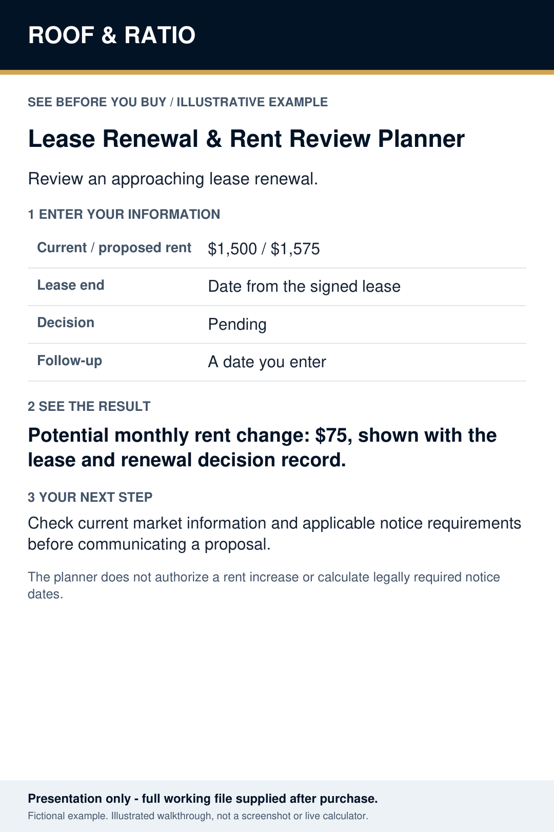 Illustrative example for Roof & Ratio Lease Renewal & Rent Review Planner; fictional inputs and results.