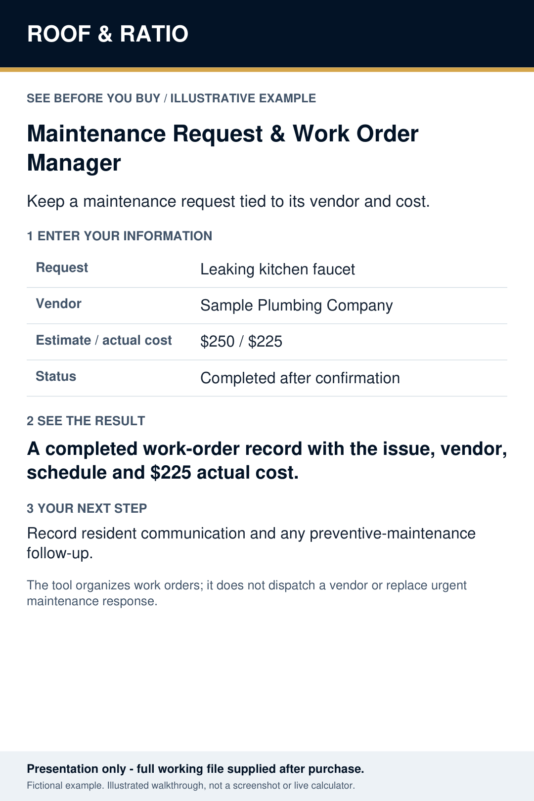 Illustrative example for Roof & Ratio Maintenance Request & Work Order Manager; fictional inputs and results.