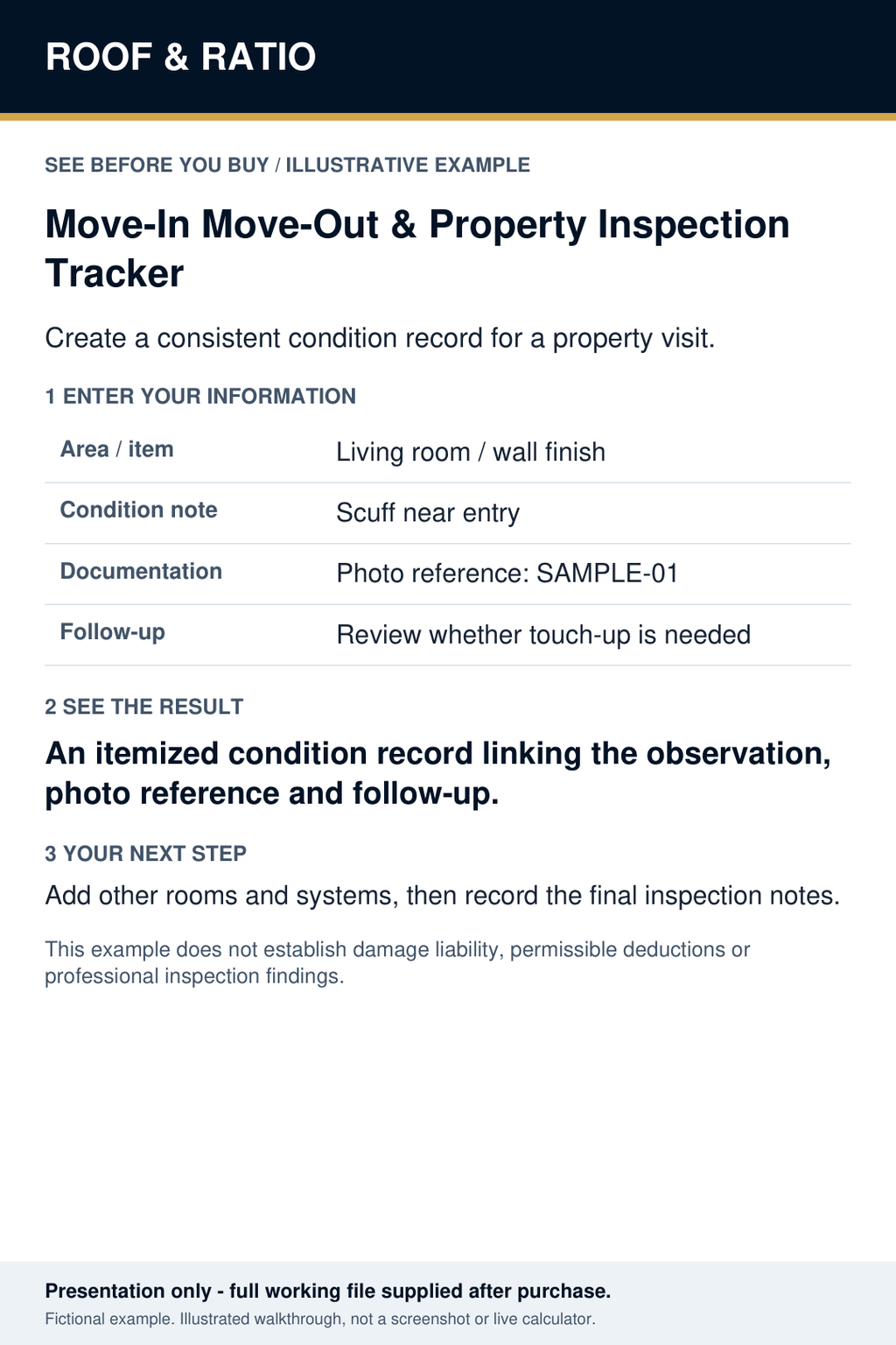 Illustrative example for Roof & Ratio Move-In Move-Out & Property Inspection Tracker; fictional inputs and results.