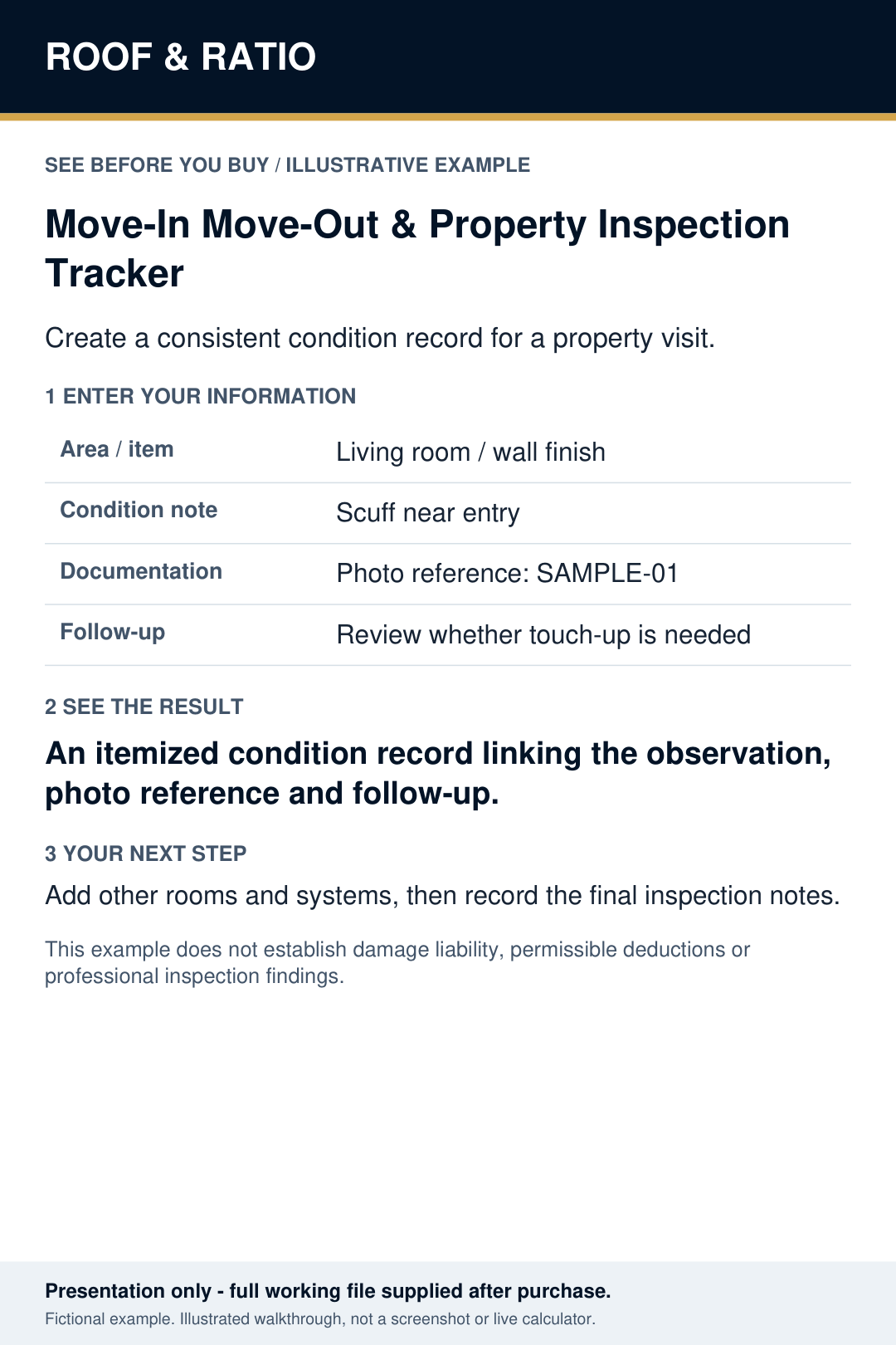 Illustrative example for Roof & Ratio Move-In Move-Out & Property Inspection Tracker; fictional inputs and results.