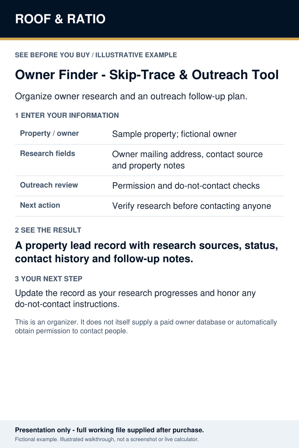 Illustrative example for Roof & Ratio Owner Finder — Skip-Trace & Outreach Tool; fictional inputs and results.