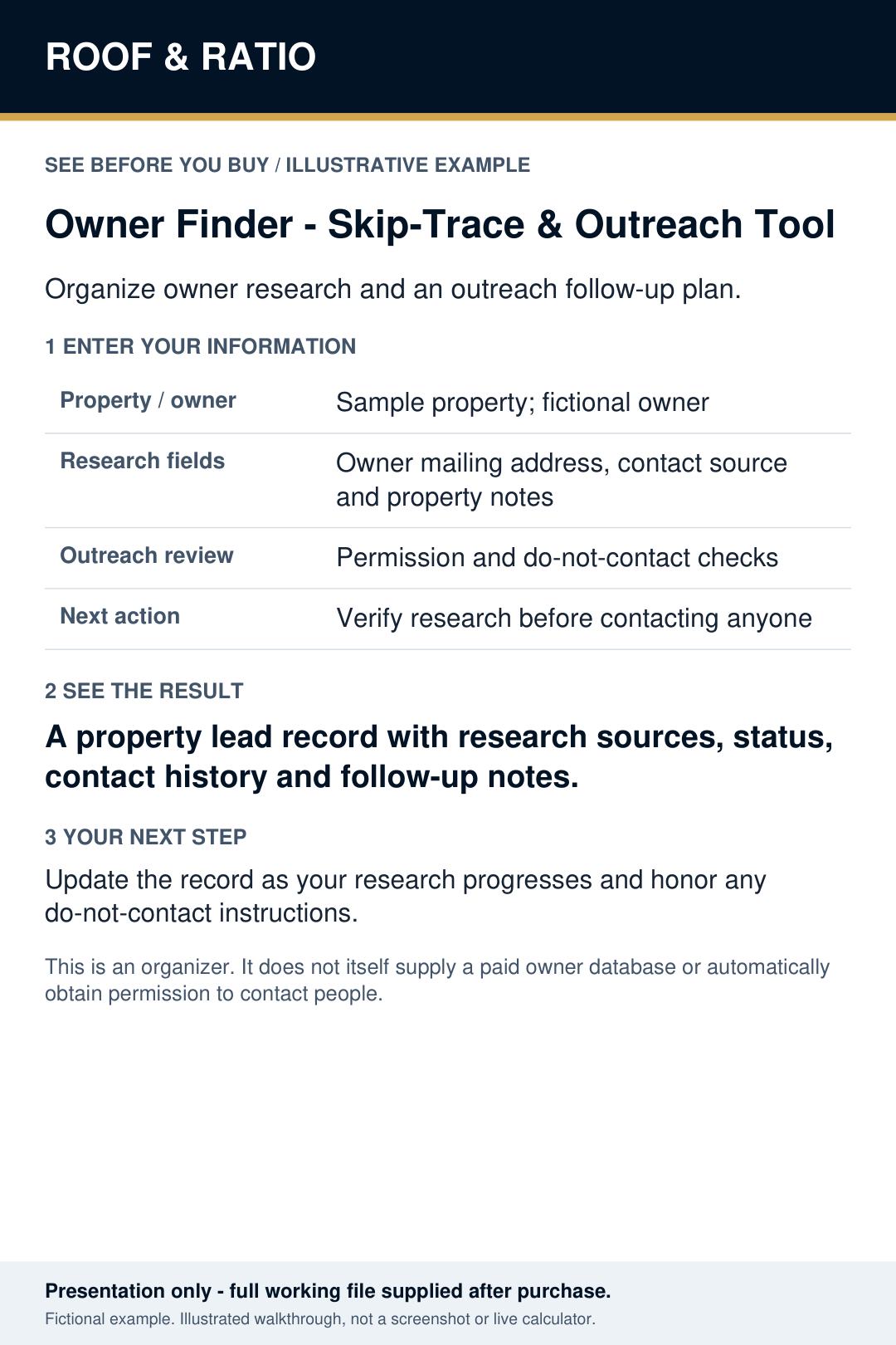Illustrative example for Roof & Ratio Owner Finder — Skip-Trace & Outreach Tool; fictional inputs and results.