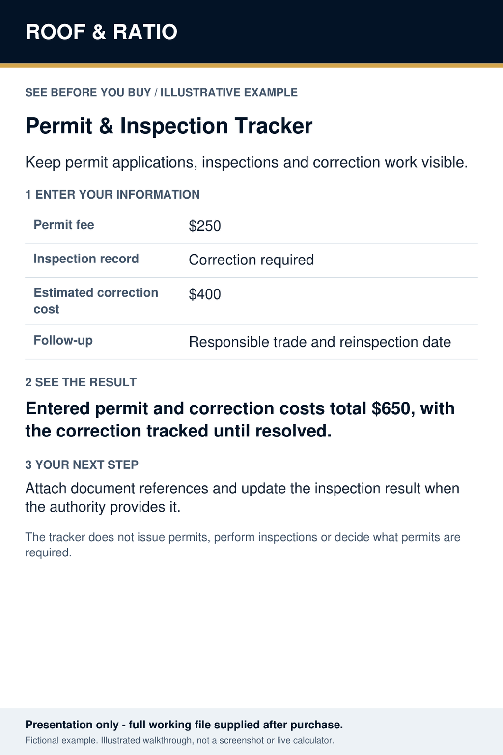 Illustrative example for Roof & Ratio Permit & Inspection Tracker; fictional inputs and results.