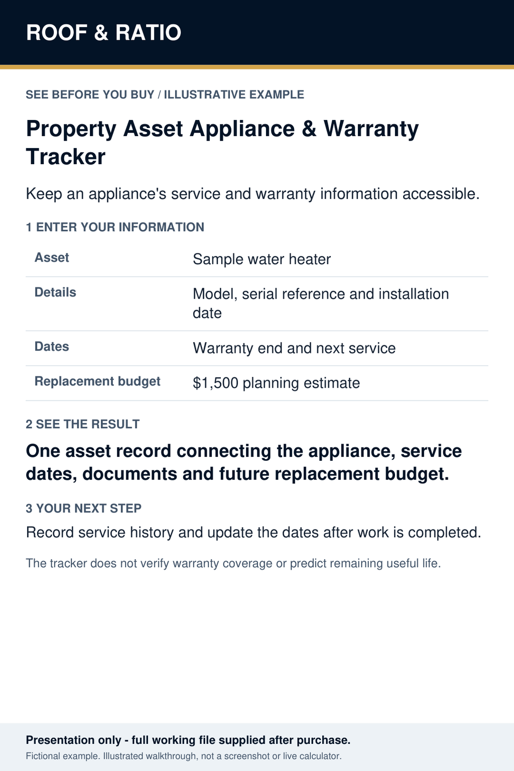 Illustrative example for Roof & Ratio Property Asset Appliance & Warranty Tracker; fictional inputs and results.