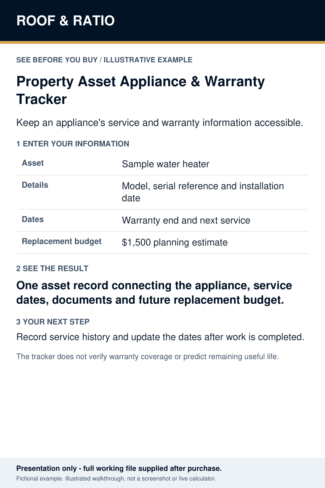 Illustrative example for Roof & Ratio Property Asset Appliance & Warranty Tracker; fictional inputs and results.