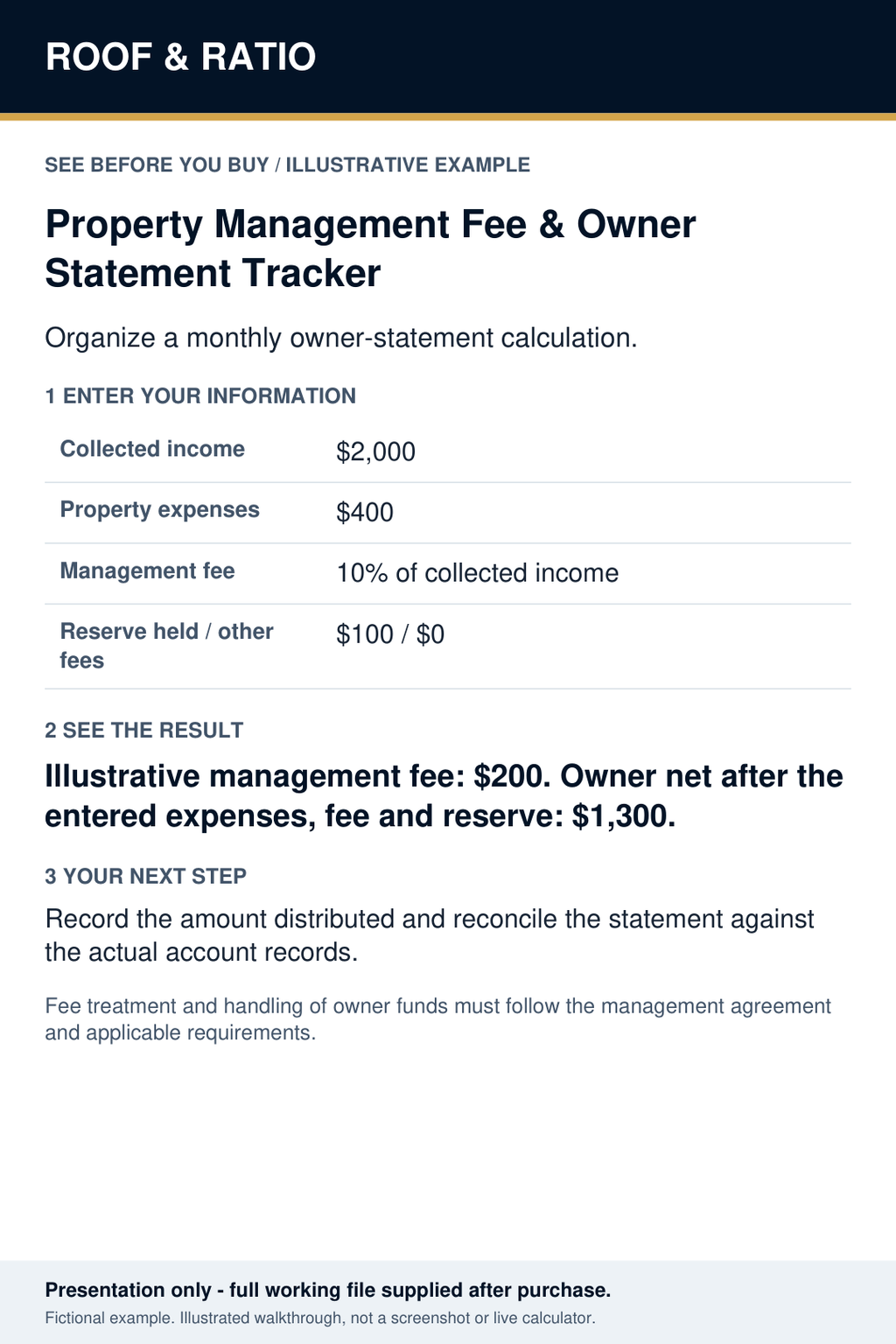Illustrative example for Roof & Ratio Property Management Fee & Owner Statement Tracker; fictional inputs and results.