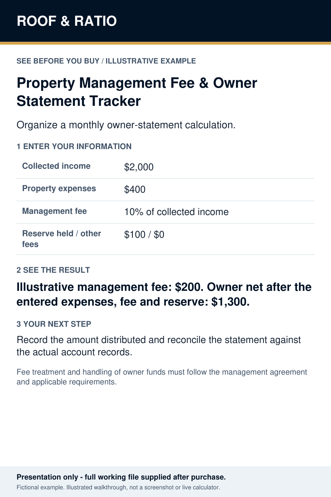 Illustrative example for Roof & Ratio Property Management Fee & Owner Statement Tracker; fictional inputs and results.