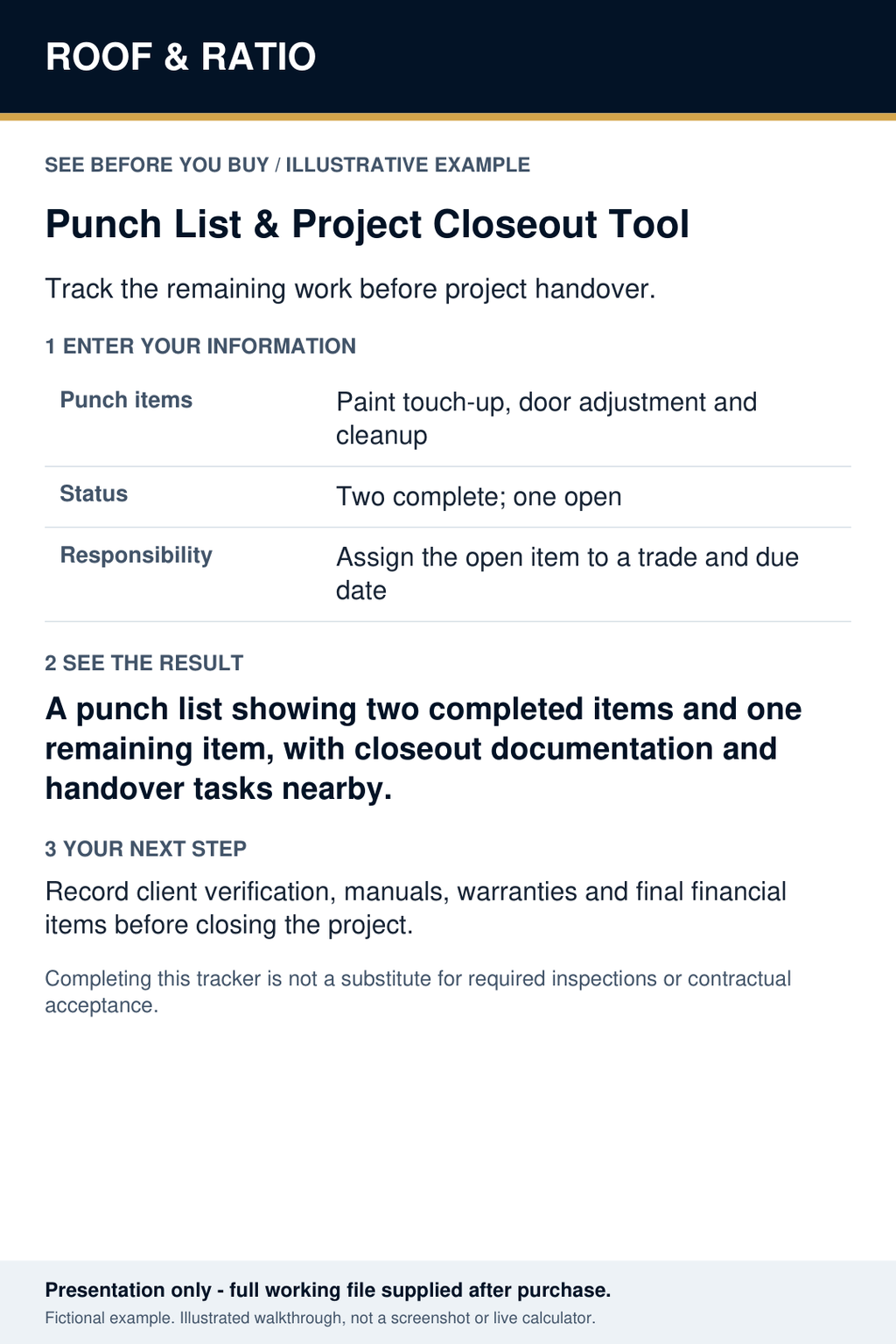 Illustrative example for Roof & Ratio Punch List & Project Closeout Tool; fictional inputs and results.