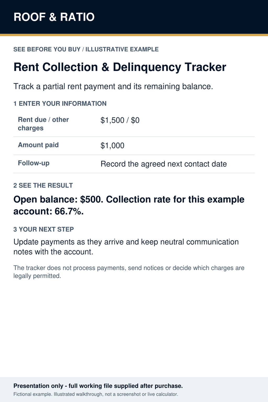Illustrative example for Roof & Ratio Rent Collection & Delinquency Tracker; fictional inputs and results.