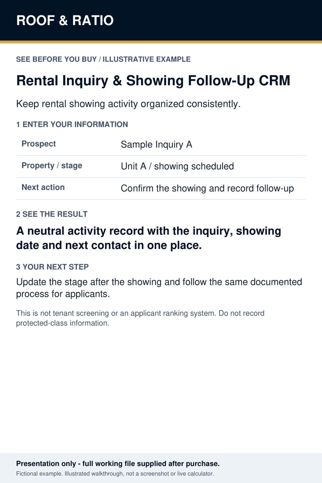 Illustrative example for Roof & Ratio Rental Inquiry & Showing Follow-Up CRM; fictional inputs and results.