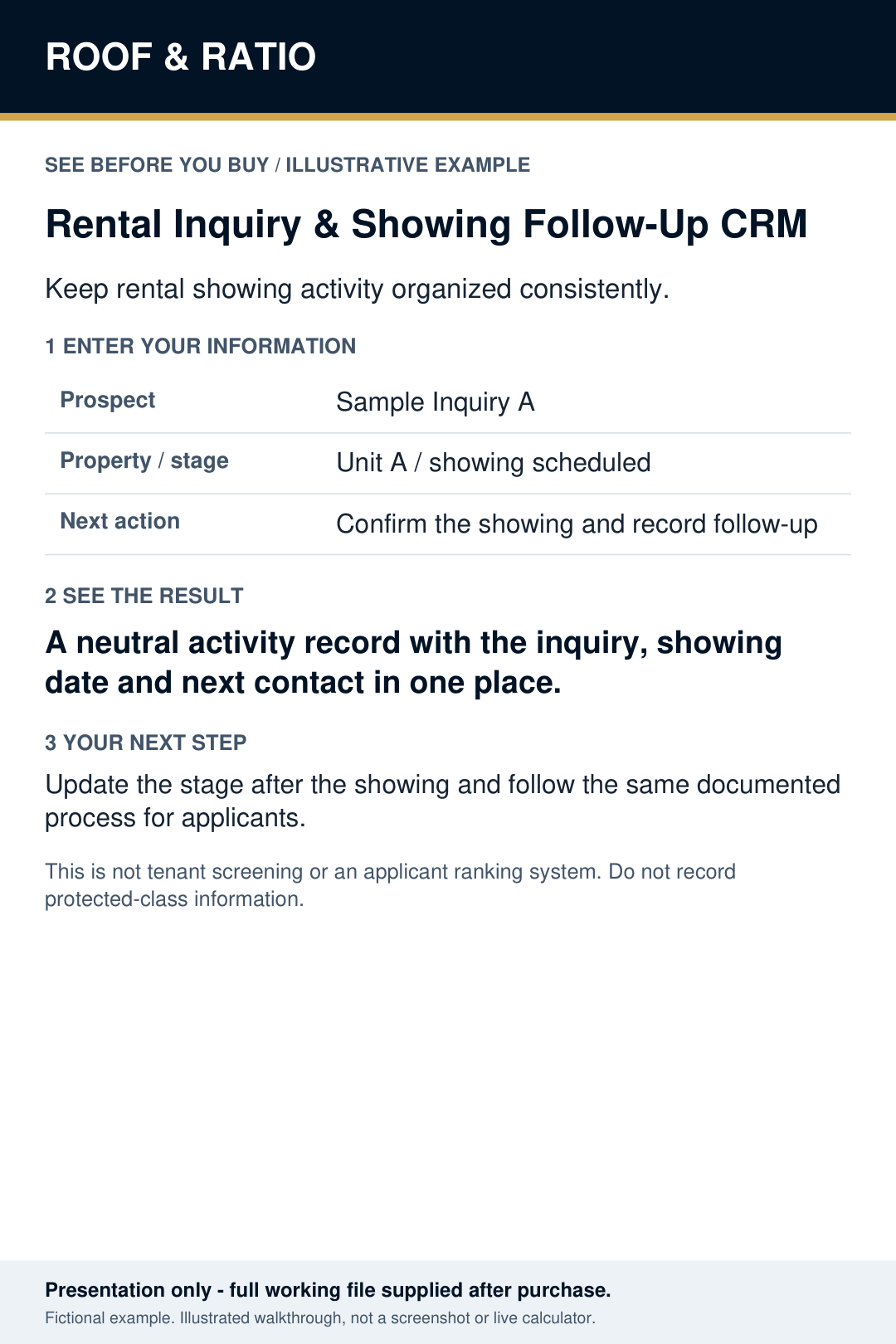 Illustrative example for Roof & Ratio Rental Inquiry & Showing Follow-Up CRM; fictional inputs and results.