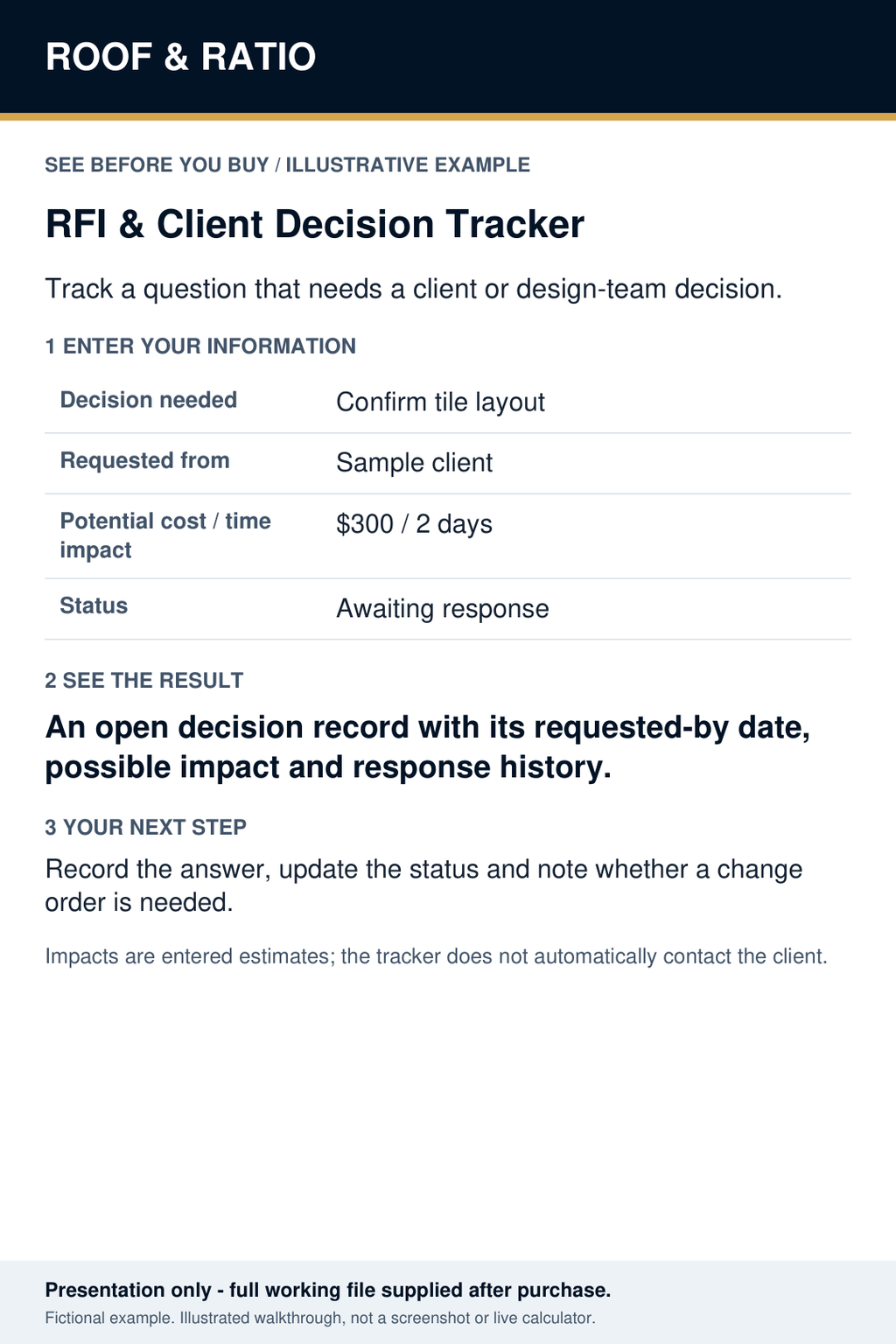 Illustrative example for Roof & Ratio RFI & Client Decision Tracker; fictional inputs and results.