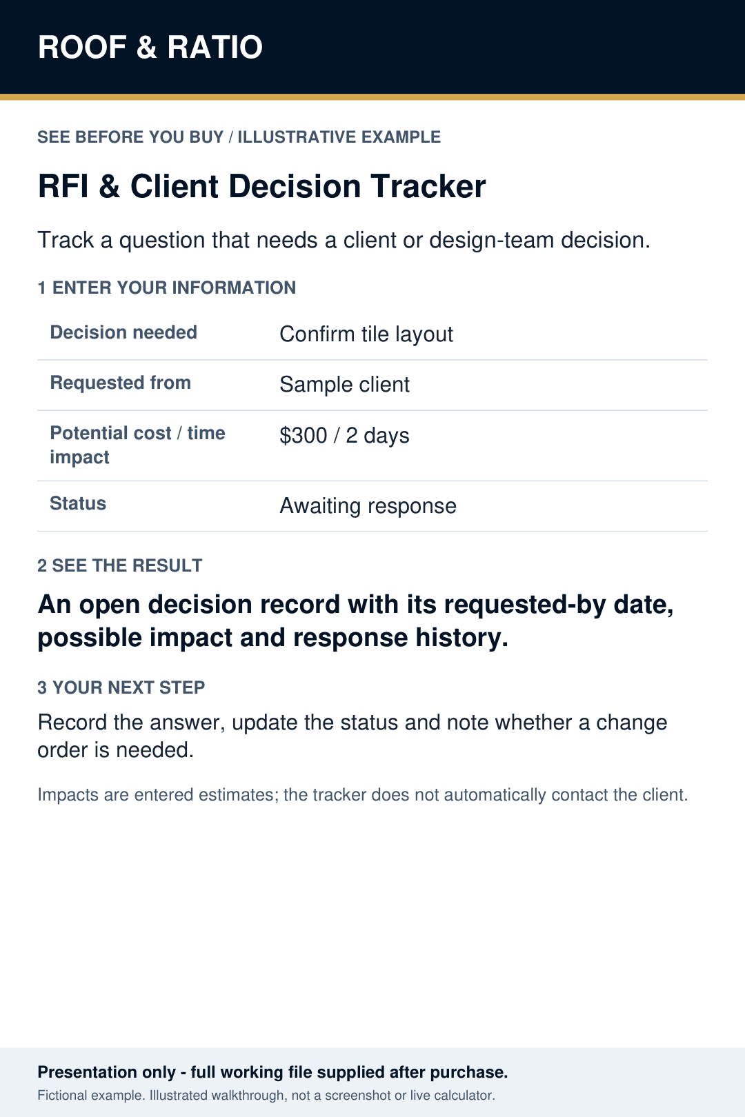Illustrative example for Roof & Ratio RFI & Client Decision Tracker; fictional inputs and results.