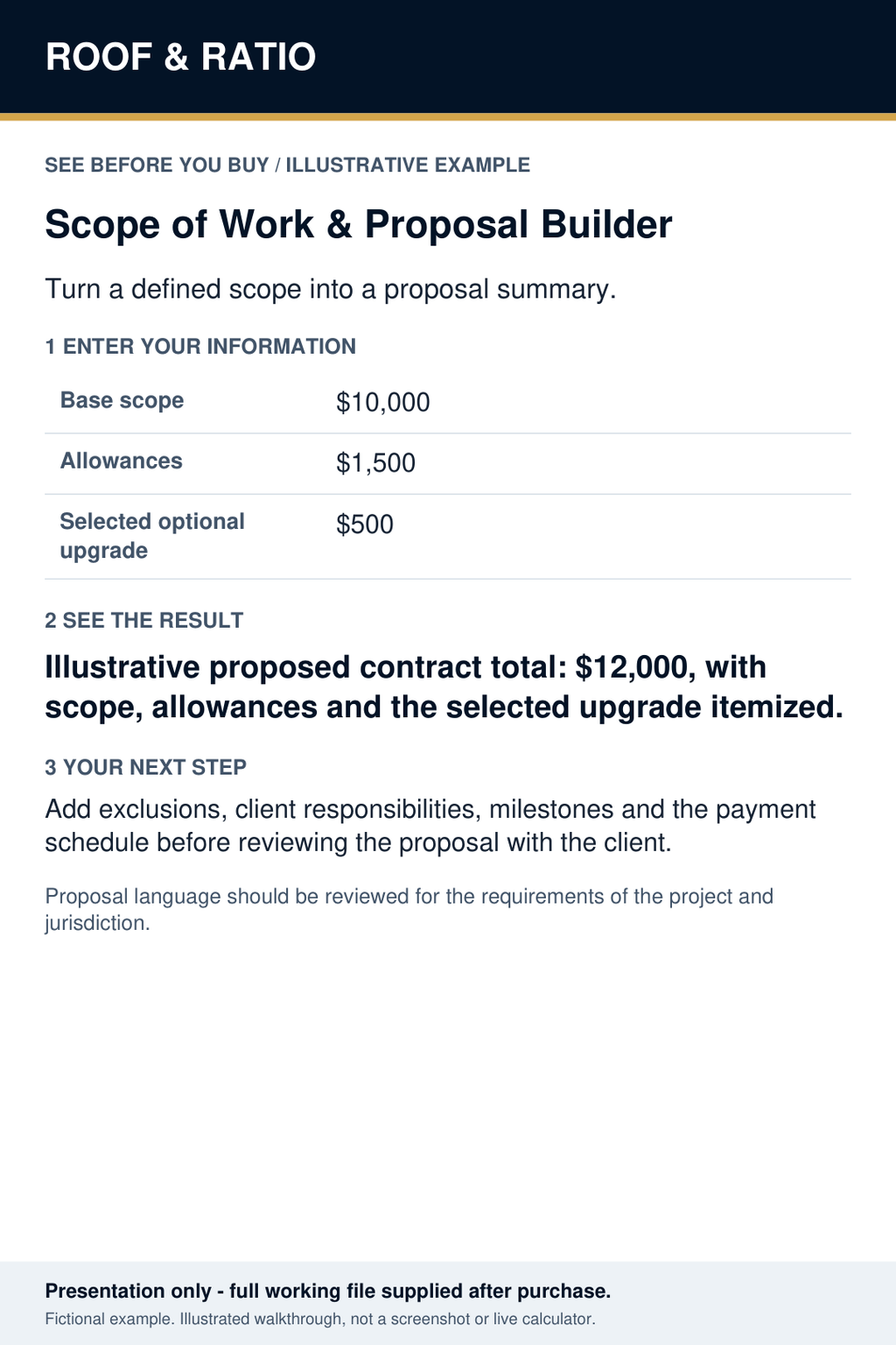 Illustrative example for Roof & Ratio Scope of Work & Proposal Builder; fictional inputs and results.