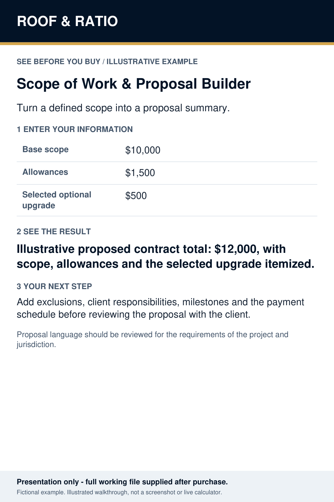 Illustrative example for Roof & Ratio Scope of Work & Proposal Builder; fictional inputs and results.