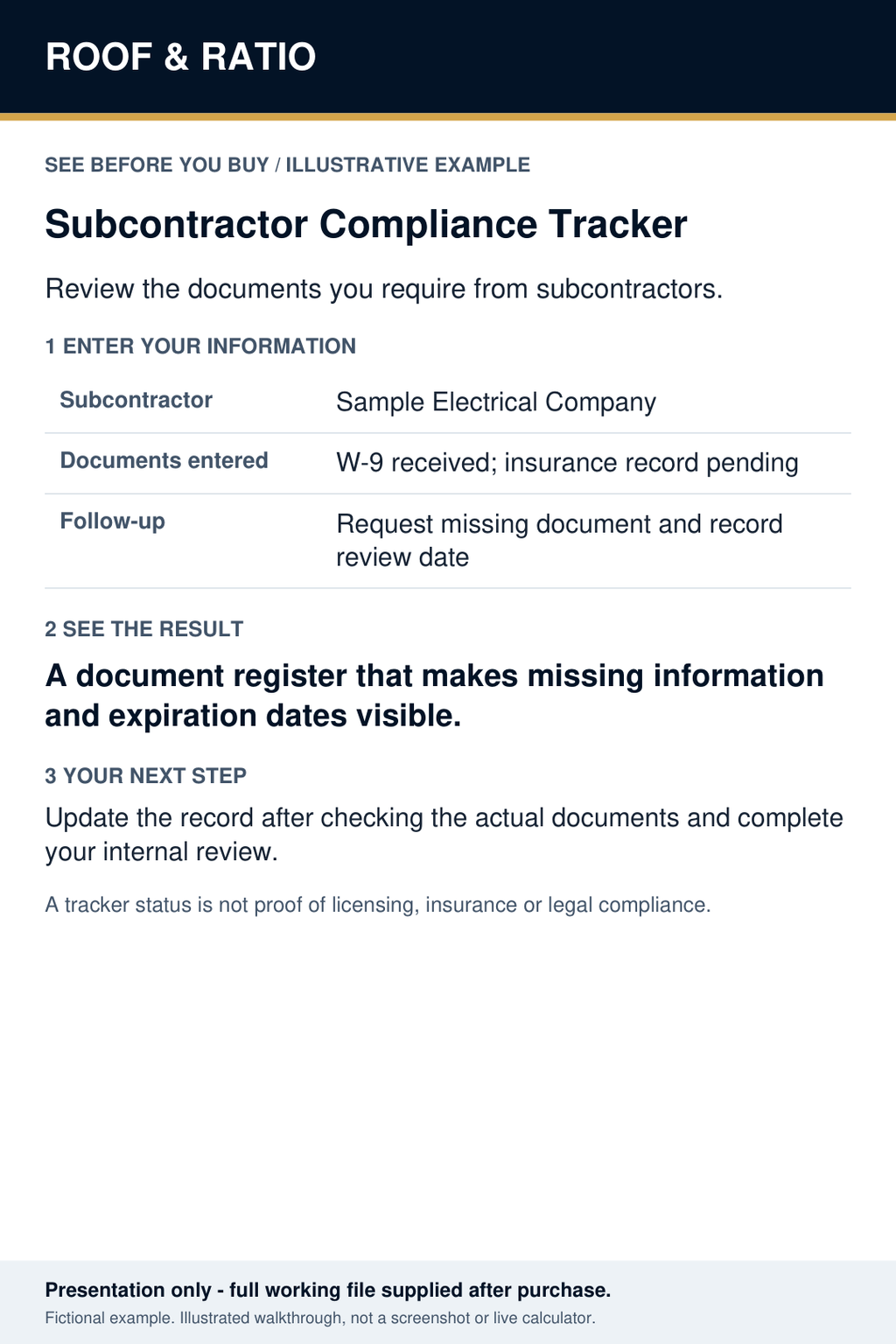 Illustrative example for Roof & Ratio Subcontractor Compliance Tracker; fictional inputs and results.