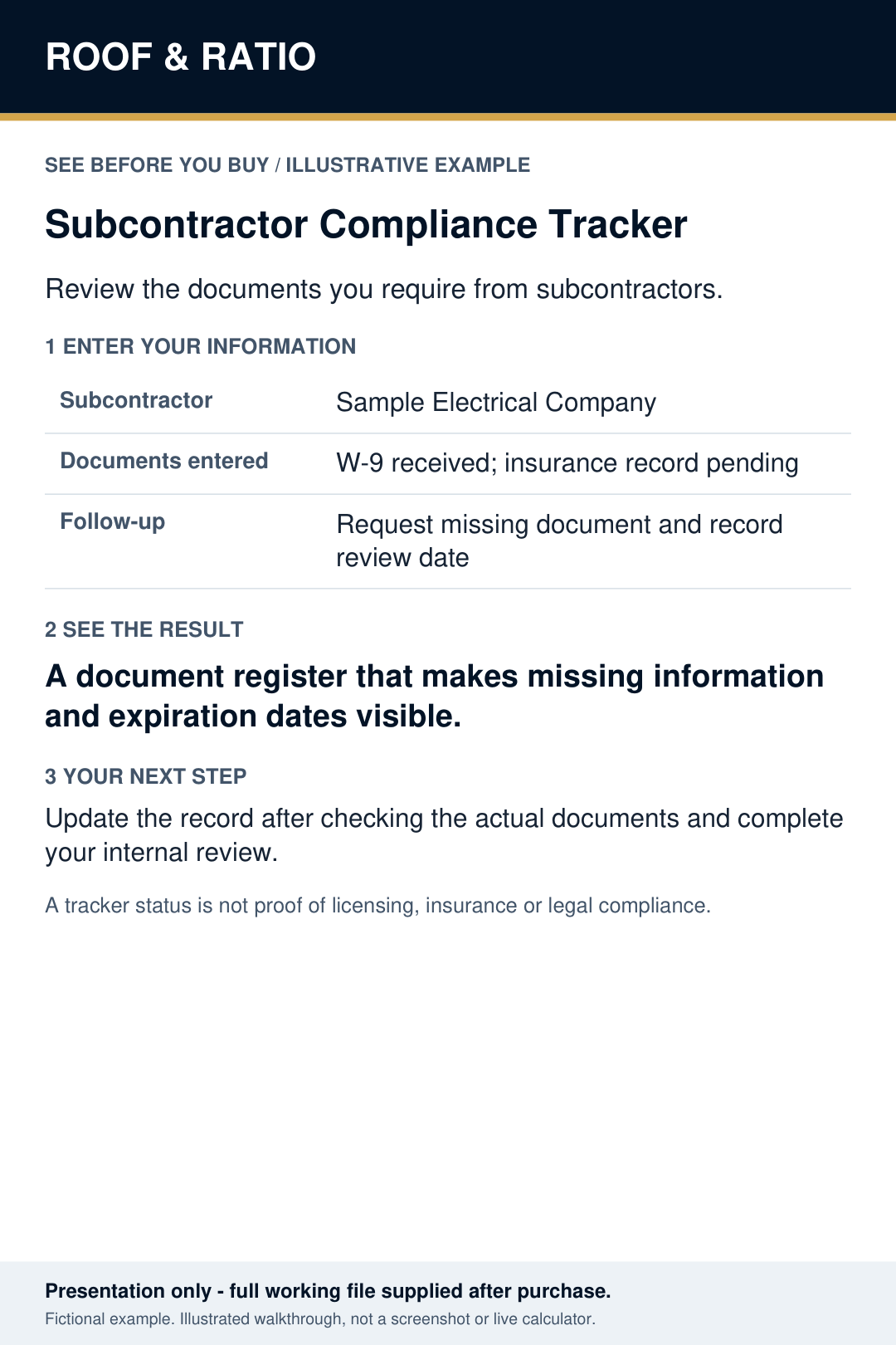 Illustrative example for Roof & Ratio Subcontractor Compliance Tracker; fictional inputs and results.