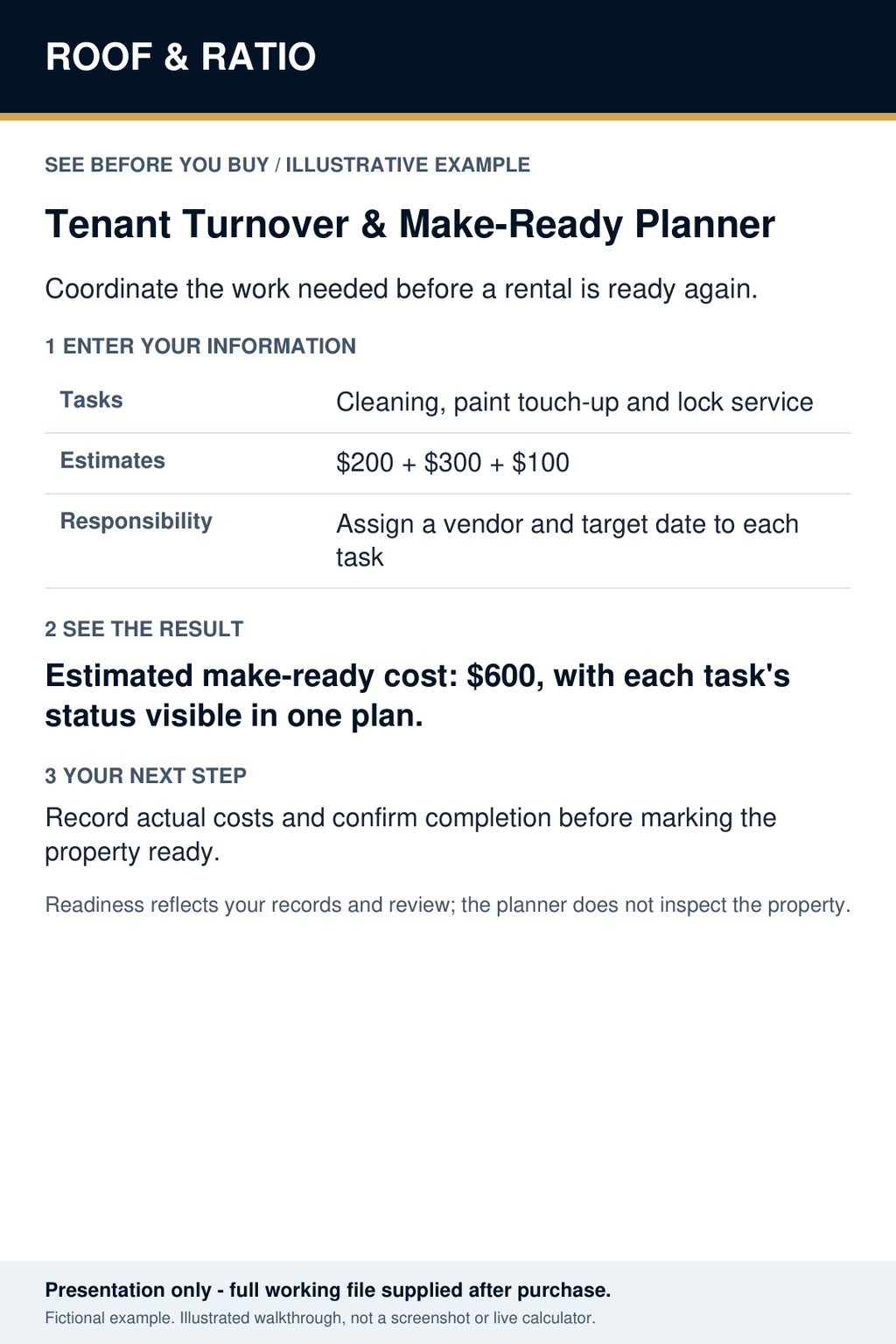 Illustrative example for Roof & Ratio Tenant Turnover & Make-Ready Planner; fictional inputs and results.
