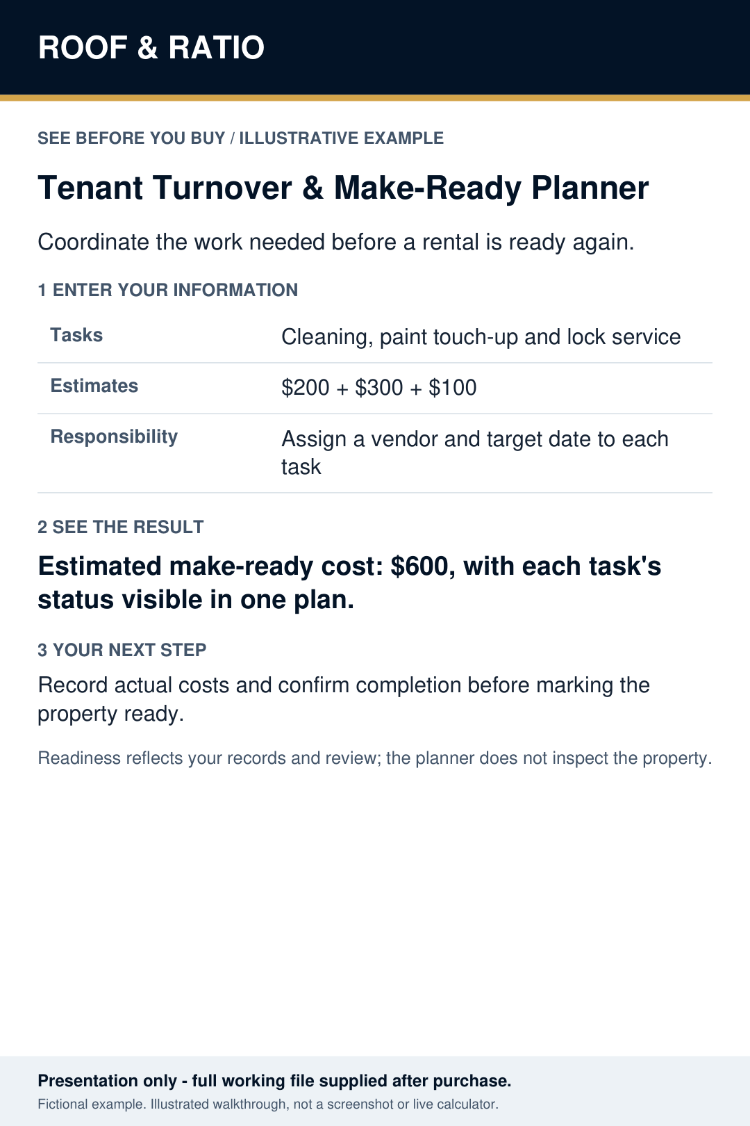 Illustrative example for Roof & Ratio Tenant Turnover & Make-Ready Planner; fictional inputs and results.
