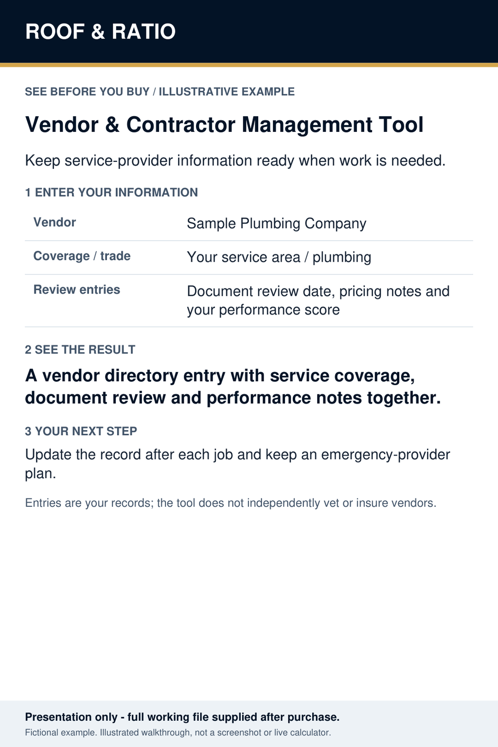 Illustrative example for Roof & Ratio Vendor & Contractor Management Tool; fictional inputs and results.