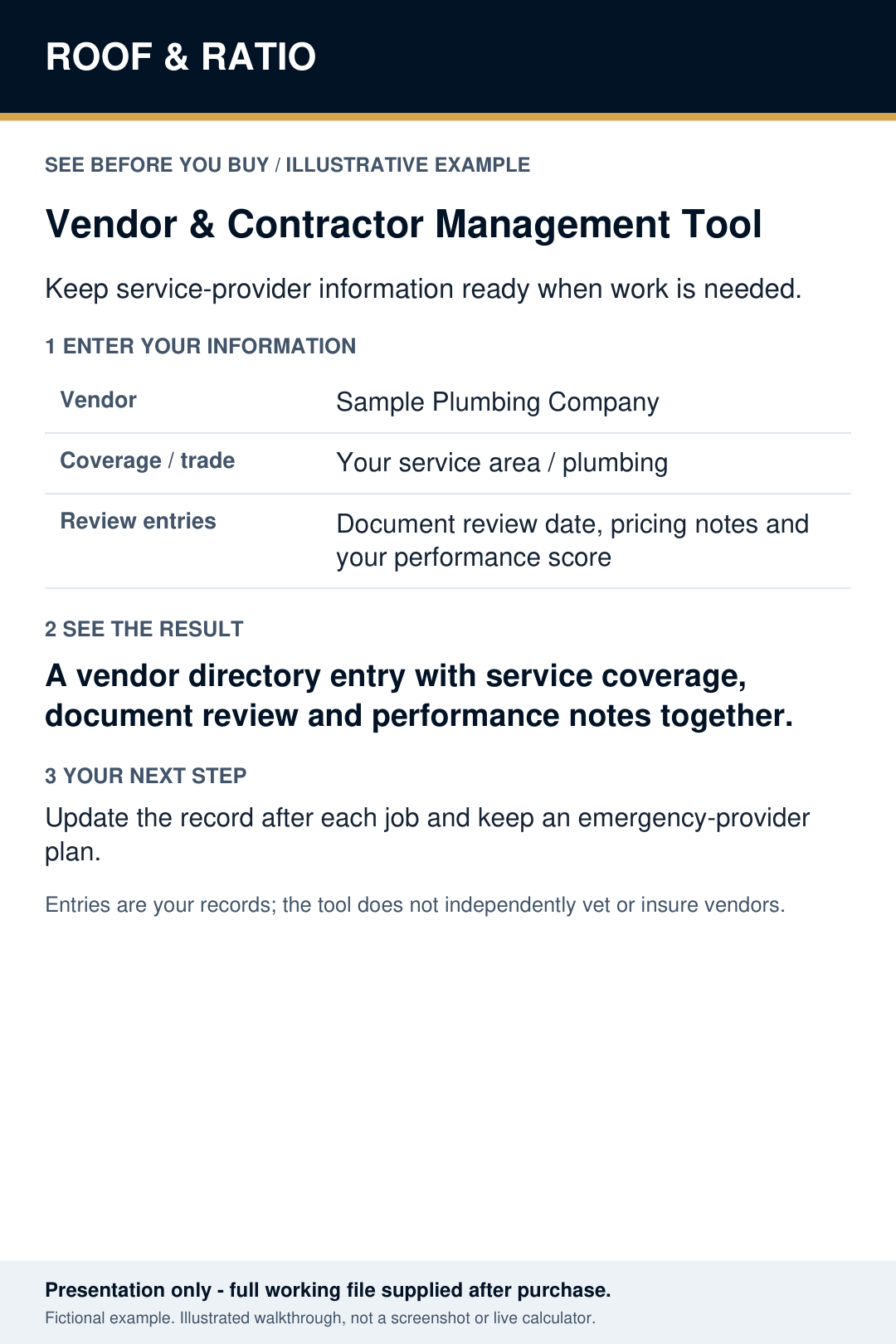 Illustrative example for Roof & Ratio Vendor & Contractor Management Tool; fictional inputs and results.