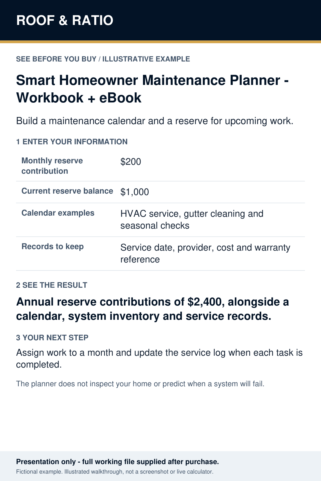 Illustrative example for Smart Homeowner Maintenance Planner — Workbook + eBook; fictional inputs and results.